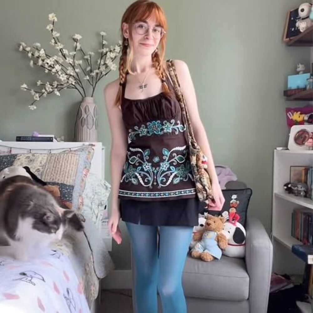 Y2K Halter Top Tank Top Brown Blue Embroidered Size XL